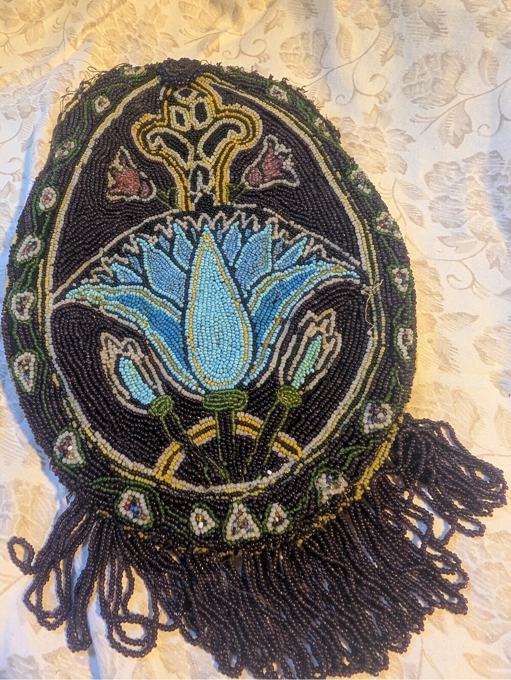 Vintage Beaded Floral Handbag with Fringe and Silk Lining